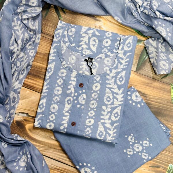 Cotton Jute Batik Dress 3-Piece Set –  : Sky Blue