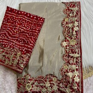 Chinon Bandhej Saree with Gota Patti Border :Gray