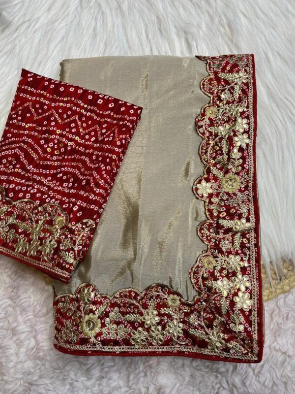 Chinon Bandhej Saree with Gota Patti Border :Gray