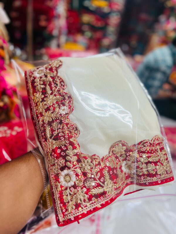 Chinon Bandhej Saree with Gota Patti Border :off white