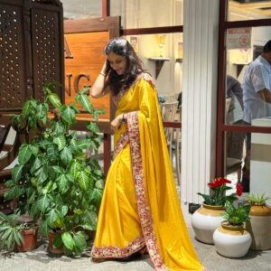 Chinon Bandhej Saree with Gota Patti Border :Yellow