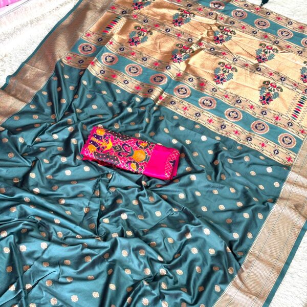 Navarang Kalanjali Paithani  Navaratri Special- Gray PETROL BLUE